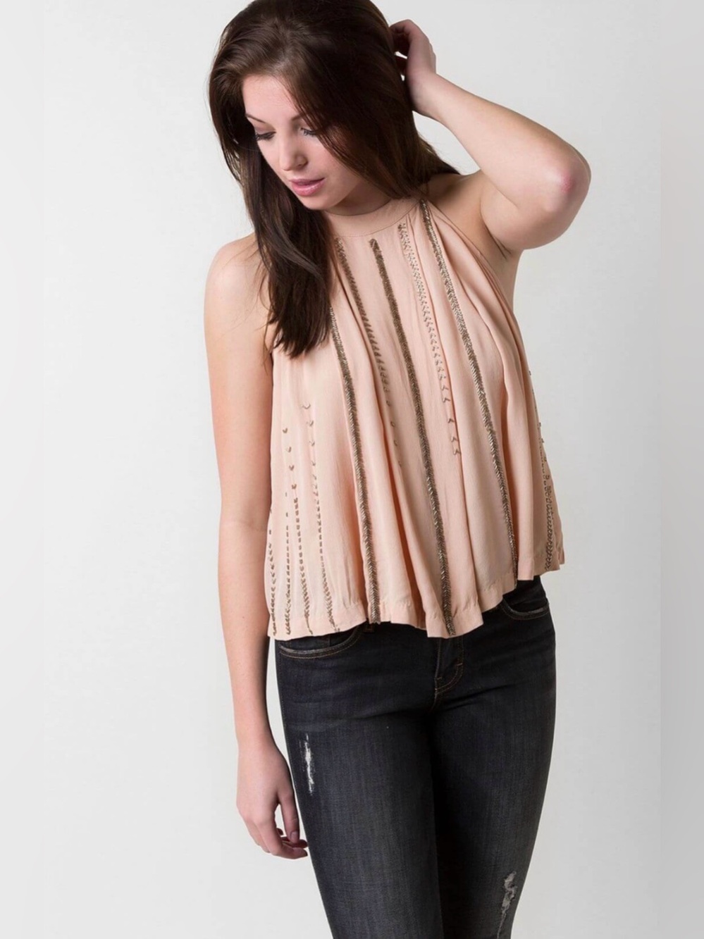 Free People Shimmer & Shine Beaded Pleated Halter Camisole - Blush